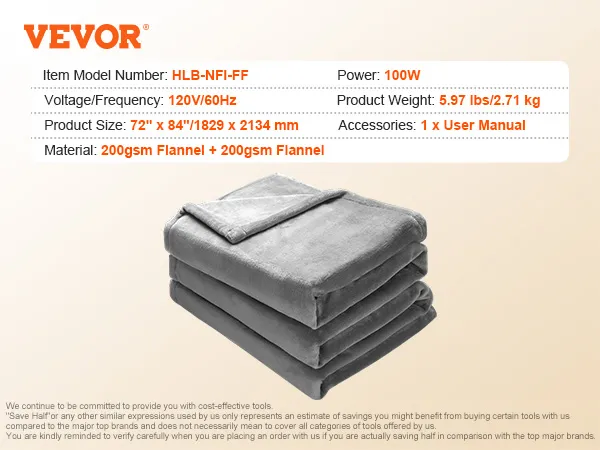 VEVOR heated blanket, 100w, 120v/60hz, gray flannel, 72"x84", model hlb-nfi-ff, 5.97 lbs.
