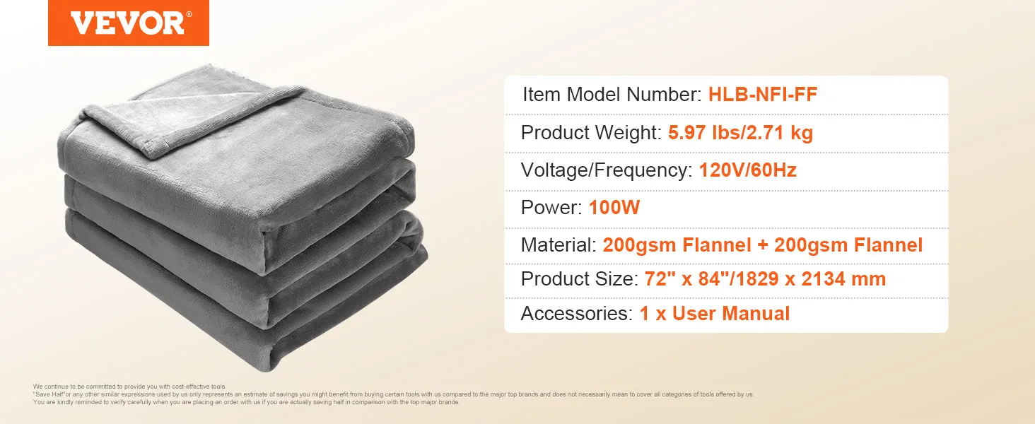 VEVOR heated blanket, 100w, 120v/60hz, gray flannel, 72"x84", model hlb-nfi-ff, 5.97 lbs.