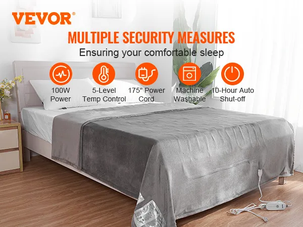 VEVOR heated blanket with 100w power, 5-level temp control, 175" cord, and 10-hour auto shut-off.