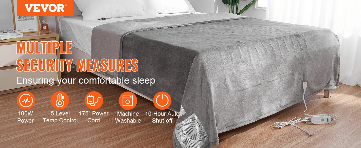 VEVOR heated blanket with 100w power, 5-level temp control, 175" cord, and 10-hour auto shut-off.
