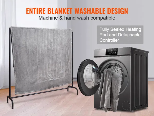 VEVOR heated blanket with washable design, showcased on a drying rack and inside a washing machine.