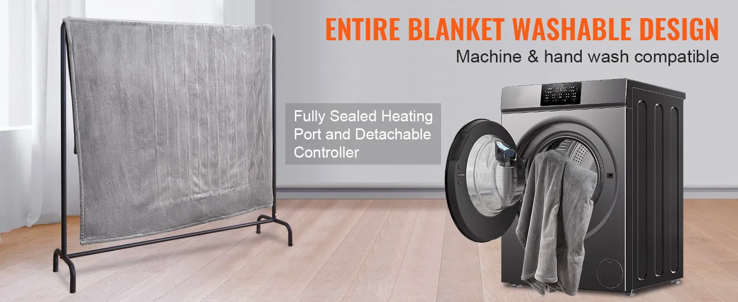 VEVOR heated blanket with washable design, showcased on a drying rack and inside a washing machine.