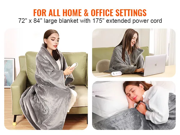 VEVOR heated blanket, 72"x84", 175" power cord, ideal for home and office use.