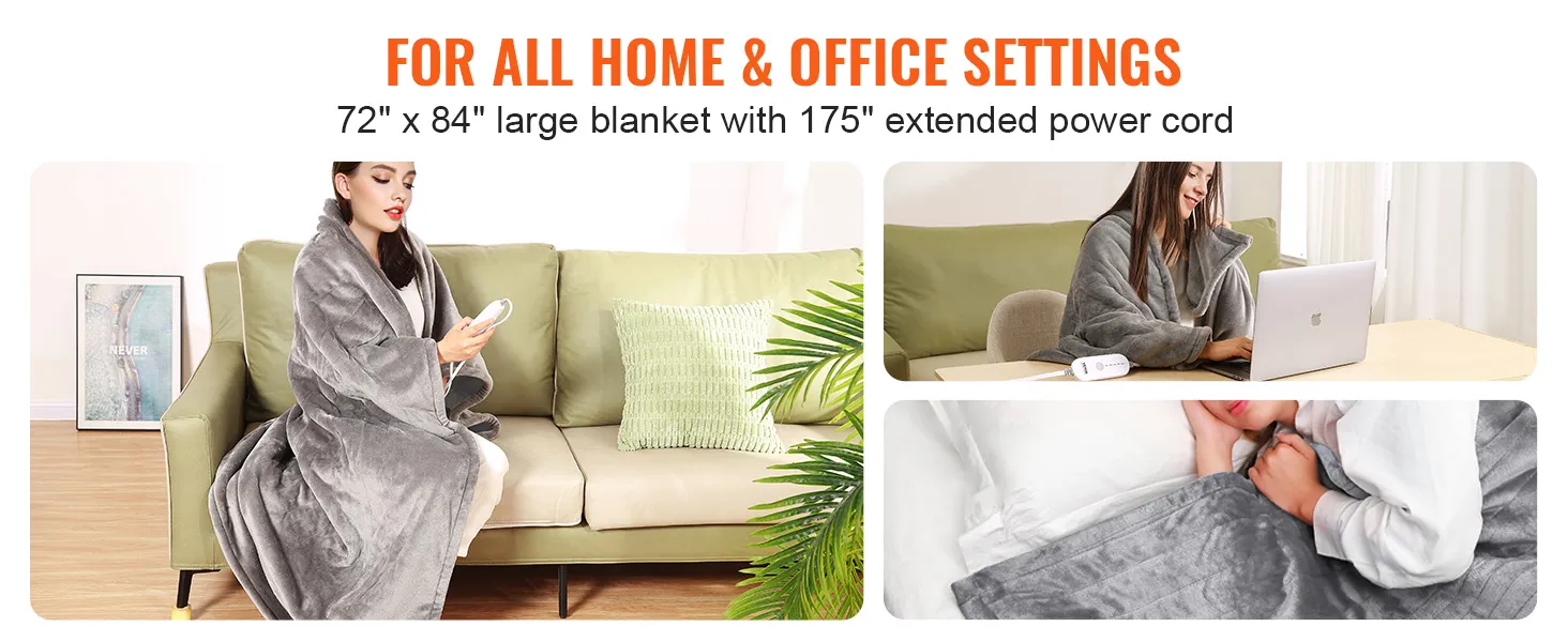 VEVOR heated blanket, 72"x84", 175" power cord, ideal for home and office use.