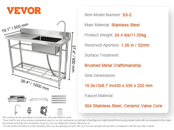 VEVOR commercial kitchen sink with stainless steel, brushed finish, and dimensions displayed.