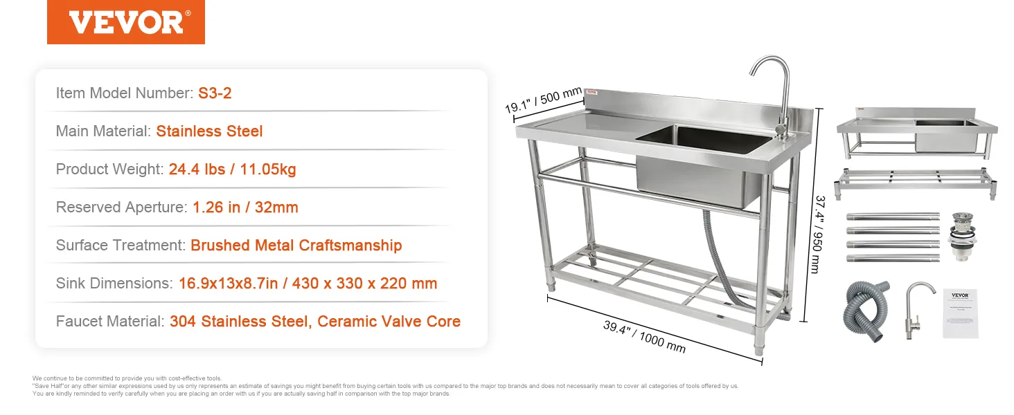 VEVOR commercial kitchen sink with stainless steel, brushed finish, and dimensions displayed.