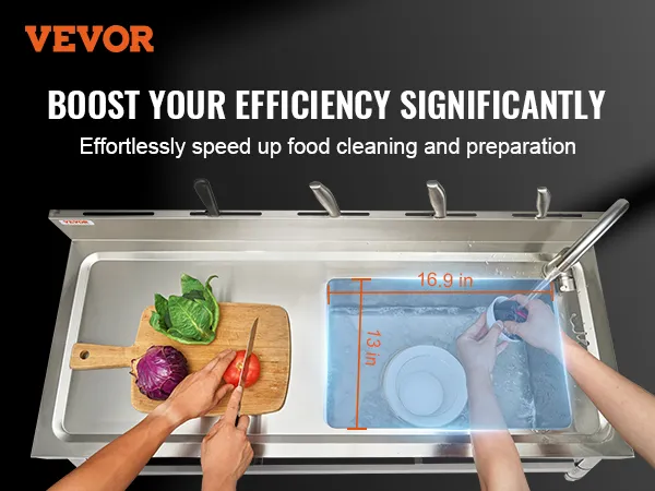 VEVOR commercial kitchen sink in use, showcasing food preparation with dimensions for efficiency.