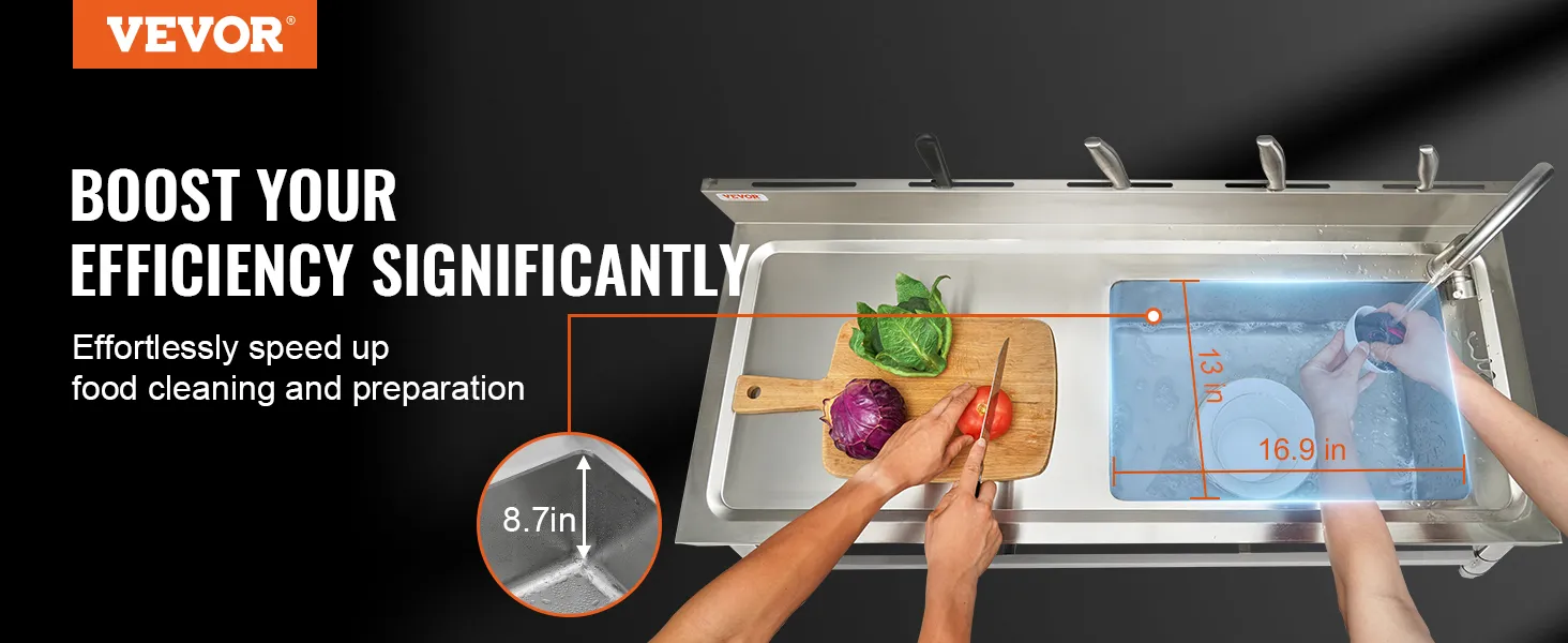VEVOR commercial kitchen sink in use, showcasing food preparation with dimensions for efficiency.