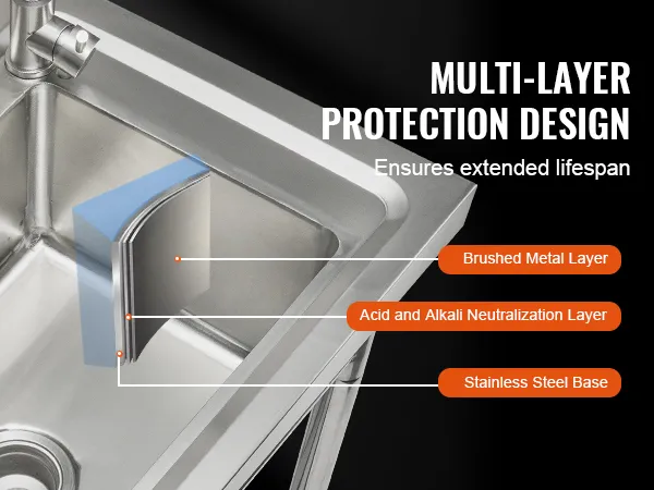 VEVOR commercial kitchen sink with multi-layer protection including brushed metal and stainless steel base.