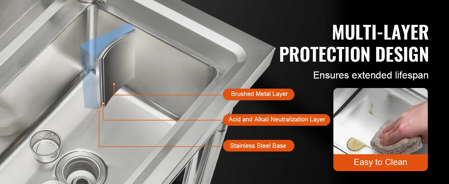VEVOR commercial kitchen sink with multi-layer protection including brushed metal and stainless steel base.