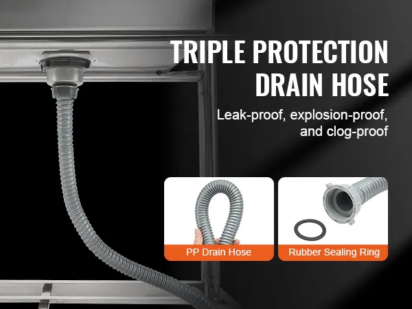 VEVOR commercial kitchen sink with leak-proof, explosion-proof, and clog-proof drain hose.
