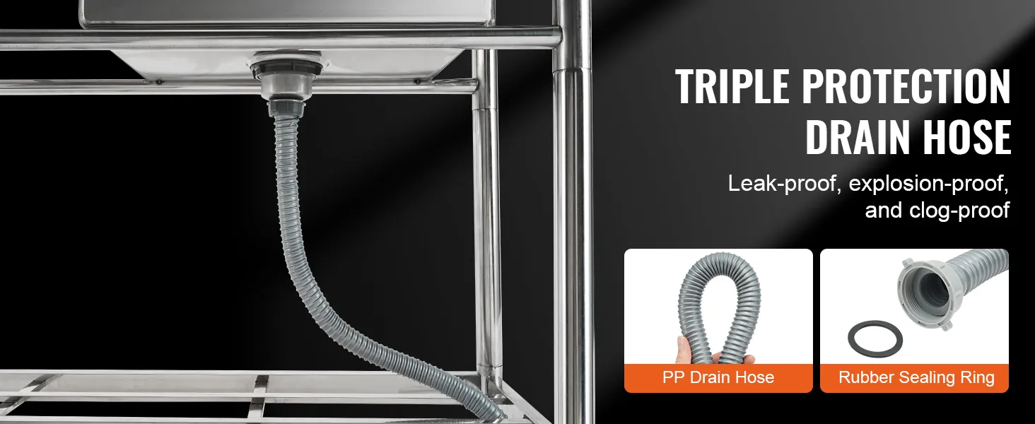VEVOR commercial kitchen sink with leak-proof, explosion-proof, and clog-proof drain hose.