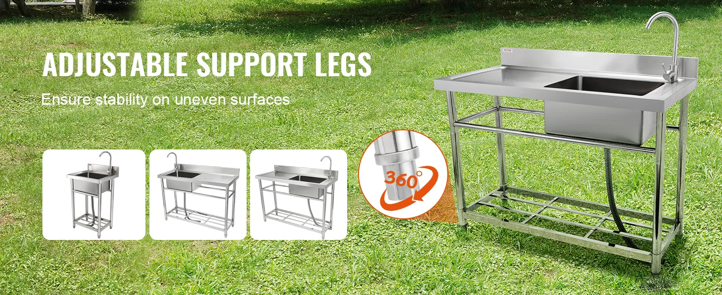 VEVOR commercial kitchen sink with adjustable support legs for stability on uneven surfaces.
