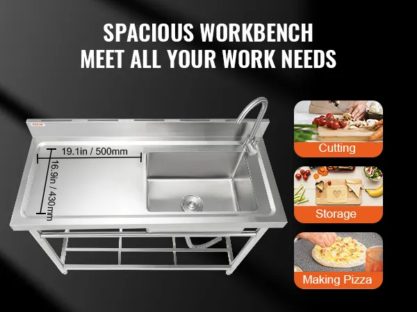 spacious VEVOR commercial kitchen sink workbench for cutting, pizza making, and storage.