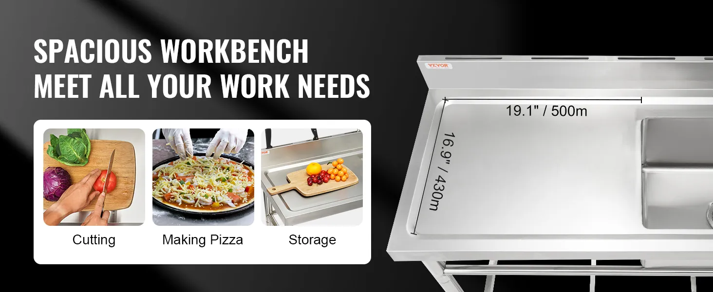 spacious VEVOR commercial kitchen sink workbench for cutting, pizza making, and storage.