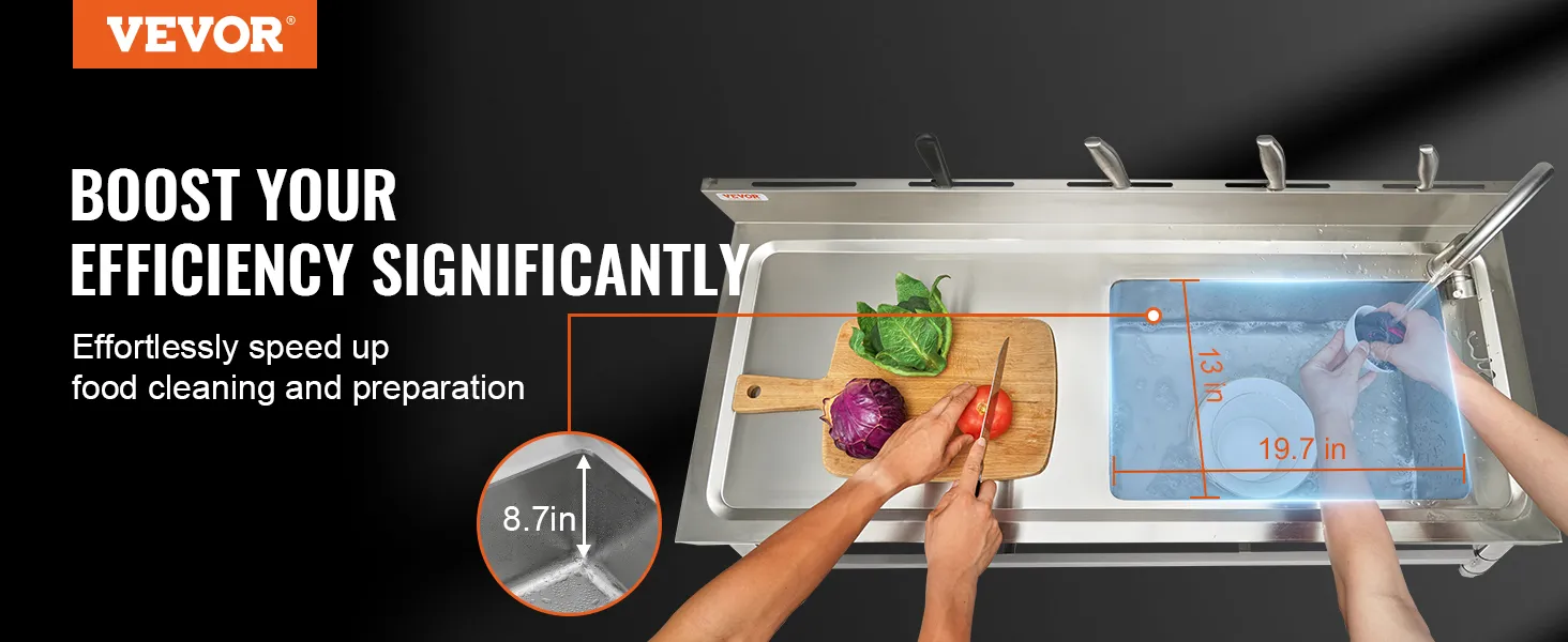 VEVOR-Allzweckspüle aus Edelstahl mit großem Becken, Spülschale und Schneidebrett zur Speisenzubereitung.