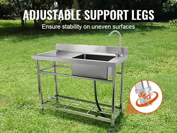 VEVOR-Spülbecken aus Edelstahl mit verstellbaren Stützbeinen für Stabilität auf unebenen Oberflächen.