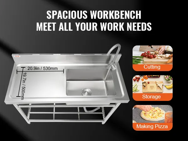 geräumiges VEVOR-Spülbecken aus Edelstahl mit Funktionen zum Schneiden, Pizzabacken und Aufbewahren.