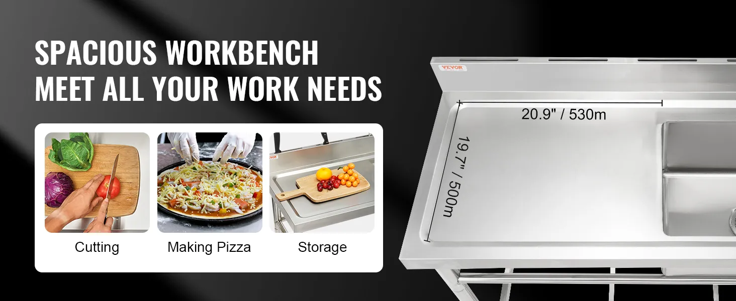 geräumiges VEVOR-Spülbecken aus Edelstahl mit Funktionen zum Schneiden, Pizzabacken und Aufbewahren.