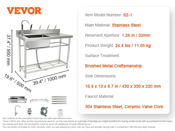 VEVOR stainless steel utility sink with dimensions, installation parts, and specifications on the right.