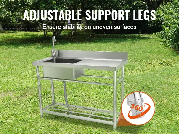 VEVOR stainless steel utility sink with adjustable support legs, ensuring stability on uneven surfaces.