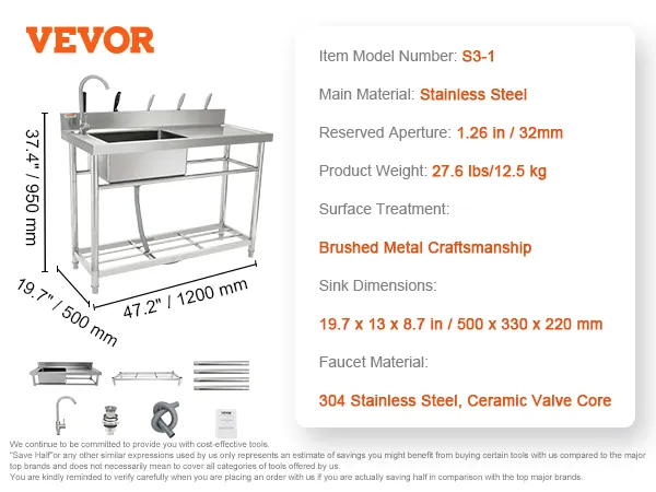 VEVOR stainless steel utility sink with faucet, drain pipes, and accessories. dimensions: 19.7 x 13 x 8.7 in.