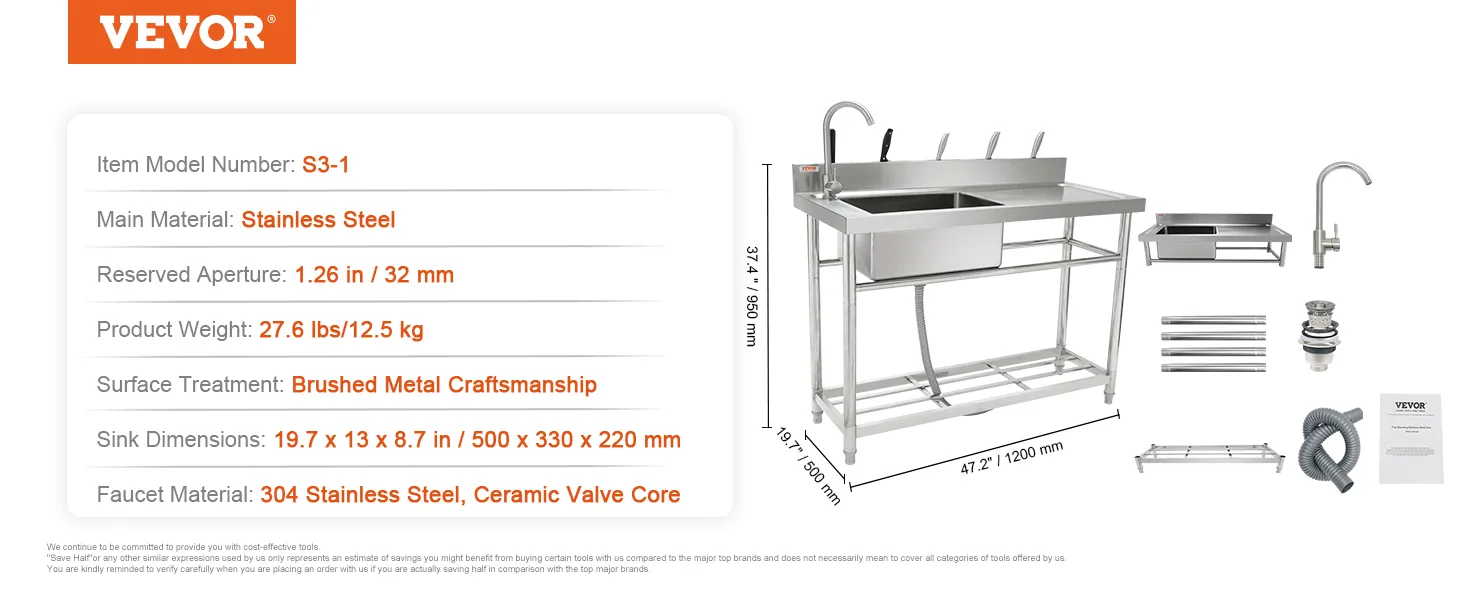 VEVOR stainless steel utility sink with faucet, drain pipes, and accessories. dimensions: 19.7 x 13 x 8.7 in.