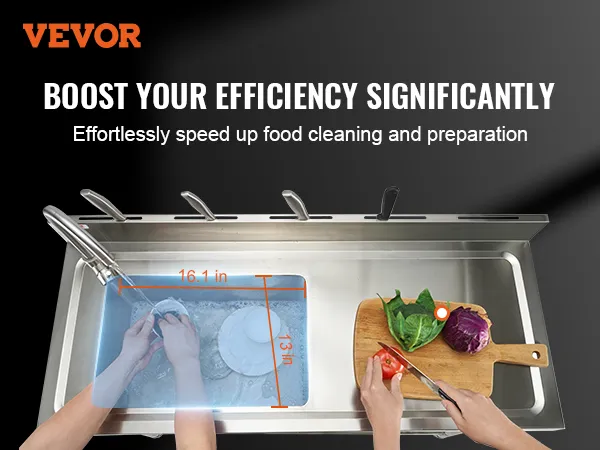 VEVOR stainless steel utility sink in use for washing dishes and preparing vegetables.