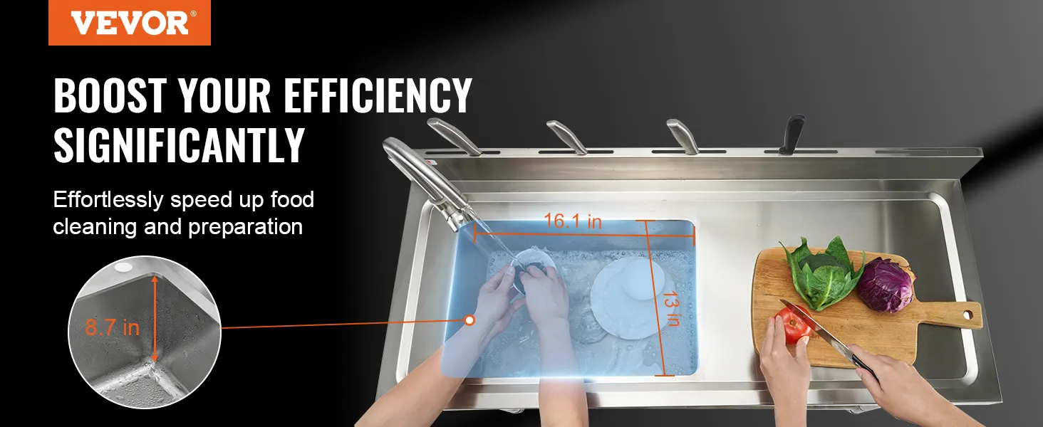 VEVOR stainless steel utility sink in use for washing dishes and preparing vegetables.