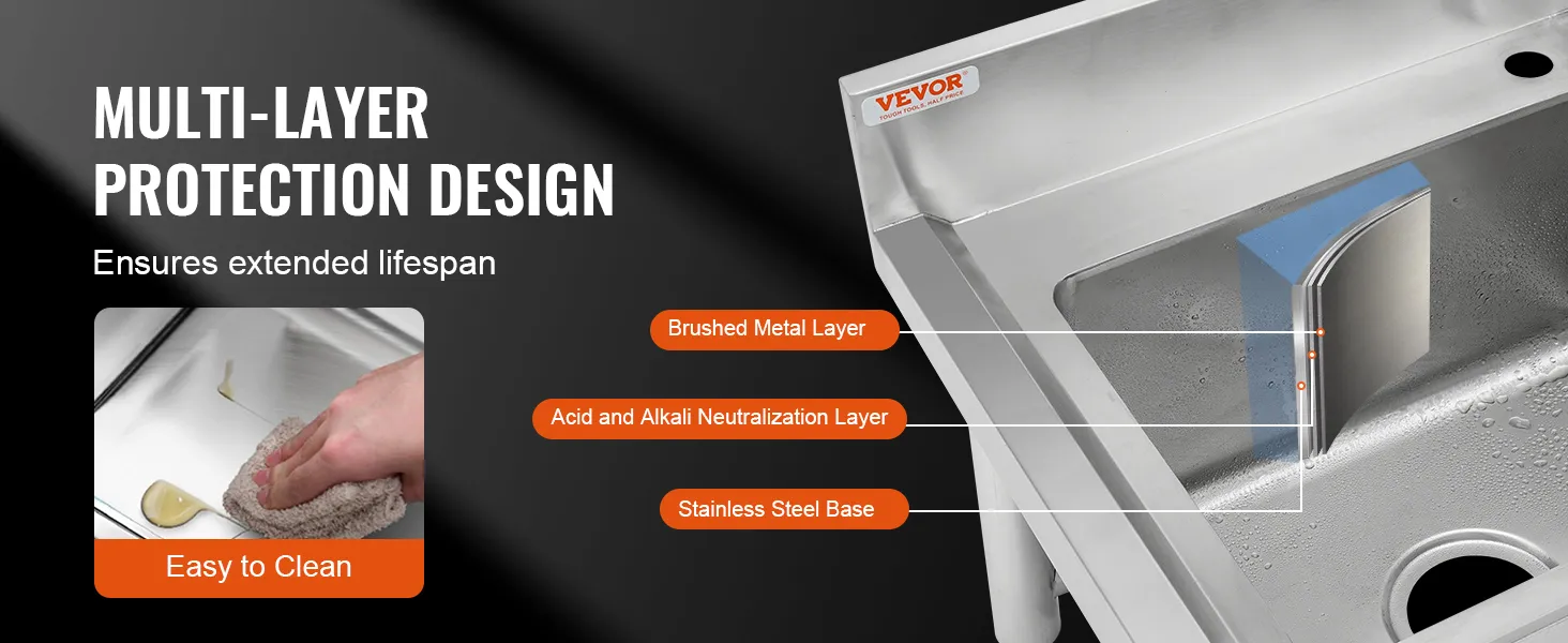 VEVOR stainless steel utility sink with multi-layer protection design ensures extended lifespan and easy cleaning.