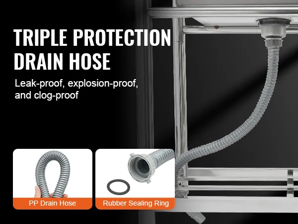 VEVOR stainless steel utility sink with triple protection drain hose, leak-proof, explosion-proof, clog-proof.