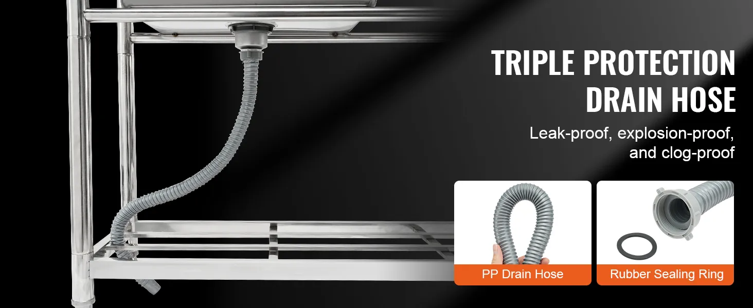 VEVOR stainless steel utility sink with triple protection drain hose, leak-proof, explosion-proof, clog-proof.