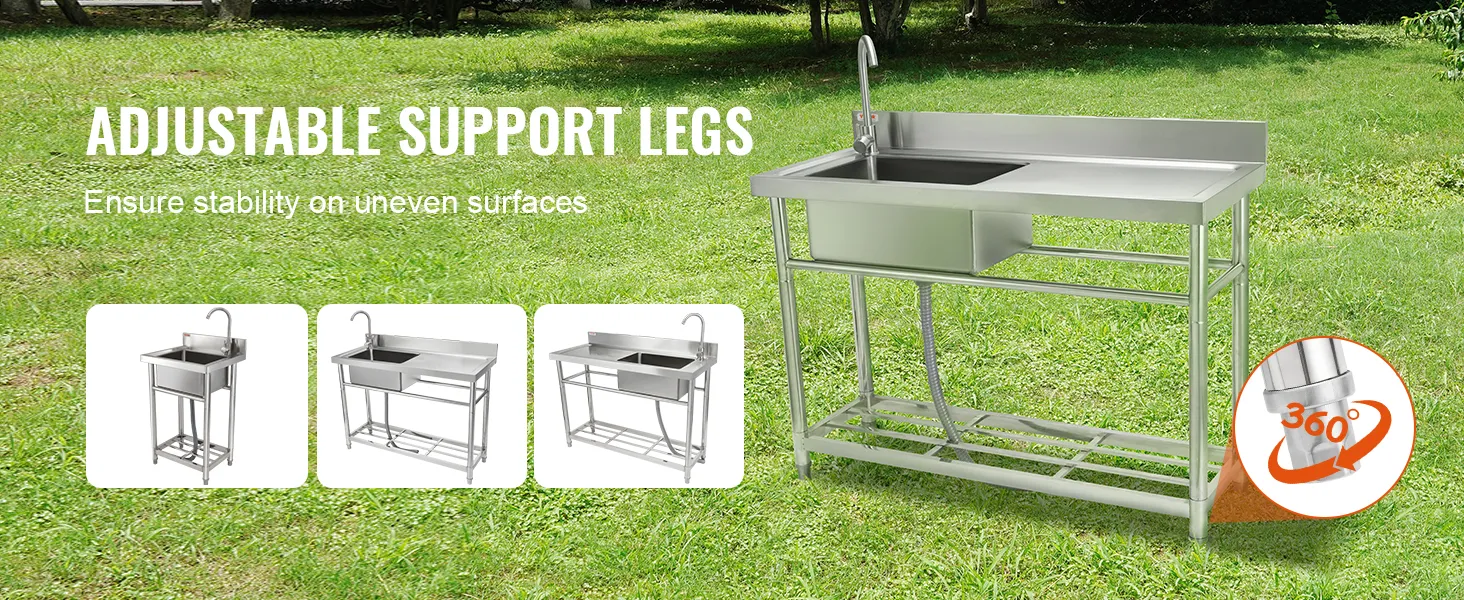 VEVOR stainless steel utility sink with adjustable support legs on grass for stability.
