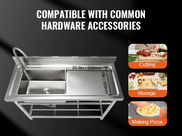 VEVOR stainless steel utility sink with spacious workbench, ideal for cutting, storage, and making pizza.