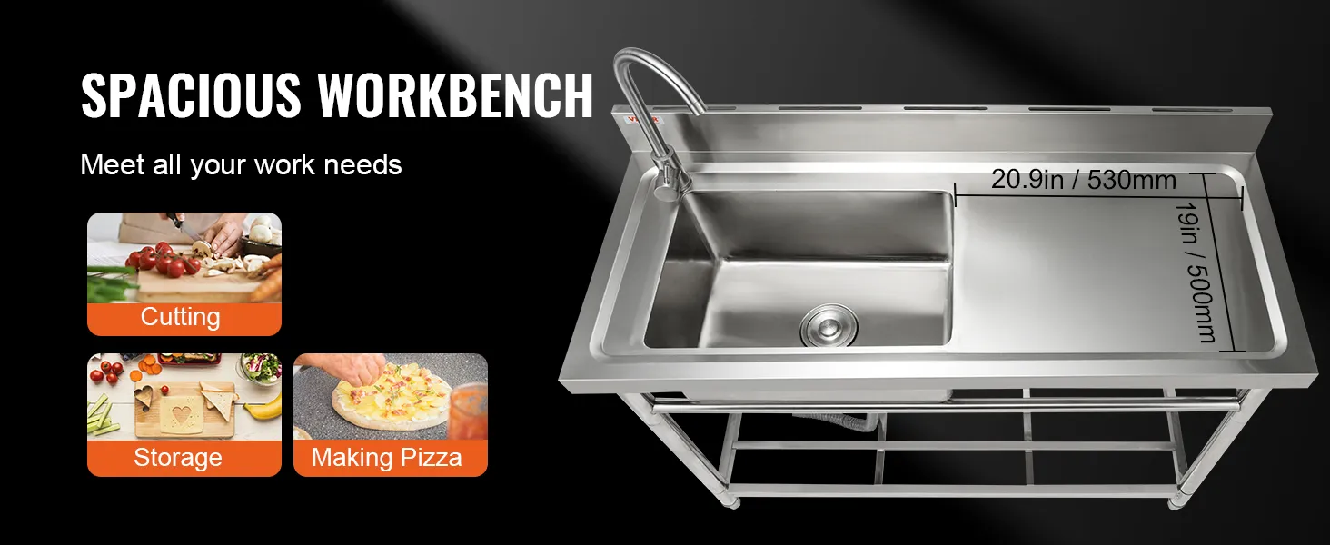 VEVOR stainless steel utility sink with spacious workbench, ideal for cutting, storage, and making pizza.