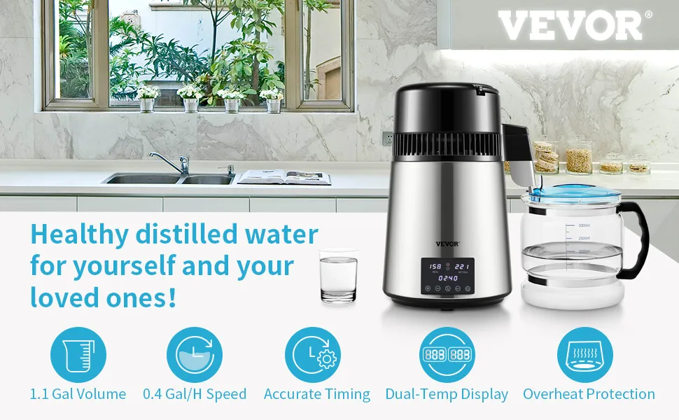 VEVOR 4L Water Distiller 1.5L/H Distilled Water Maker Timing Dual-Temp Silver