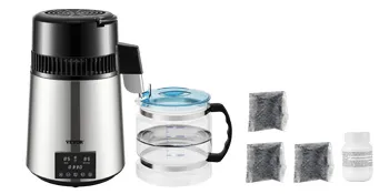 Destilador de agua VEVOR con cuerpo de acero inoxidable, recipiente de vidrio, paquetes de carbón y polvo de limpieza.