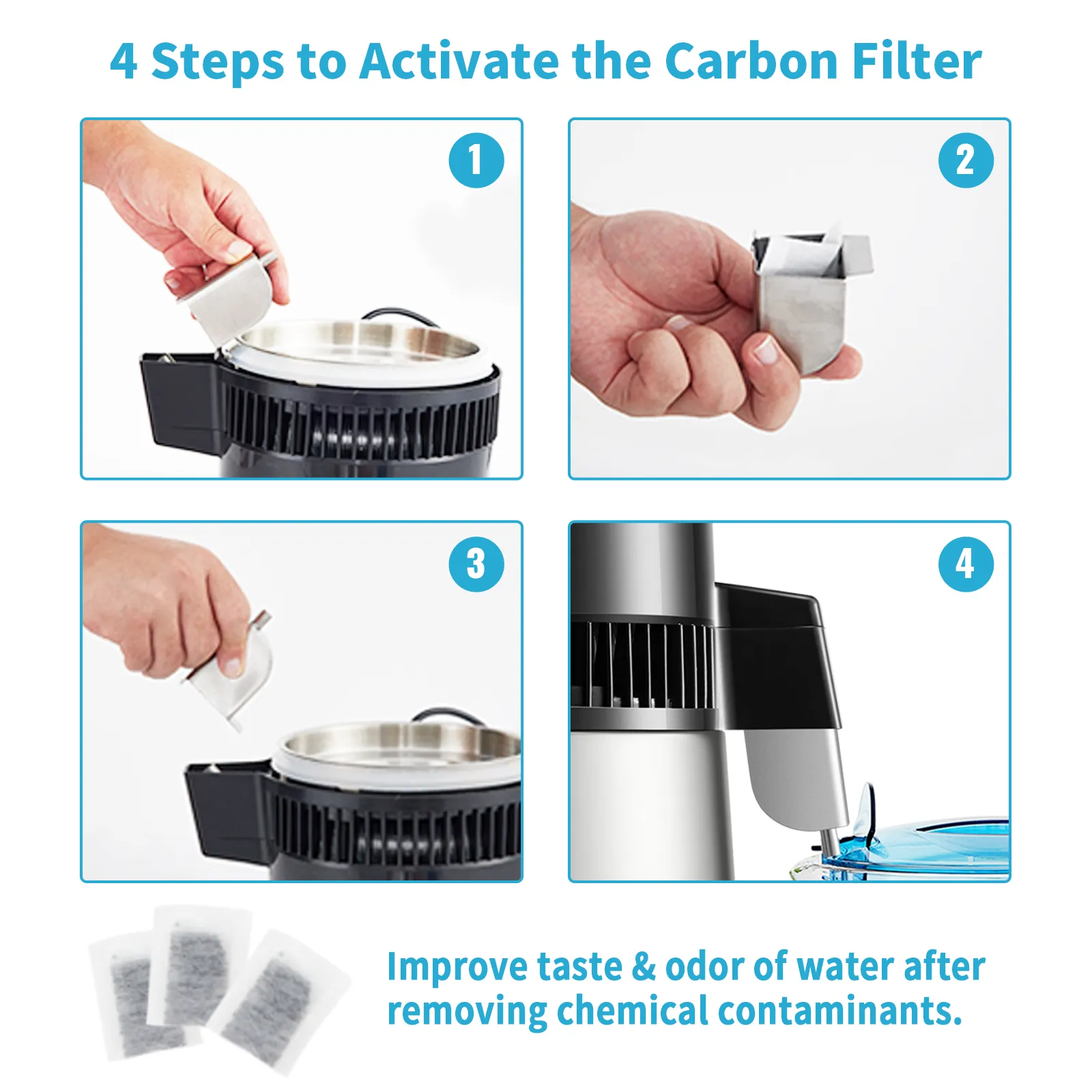 4 pasos para activar el filtro de carbón en el destilador de agua VEVOR, mejorando el sabor y el olor del agua.