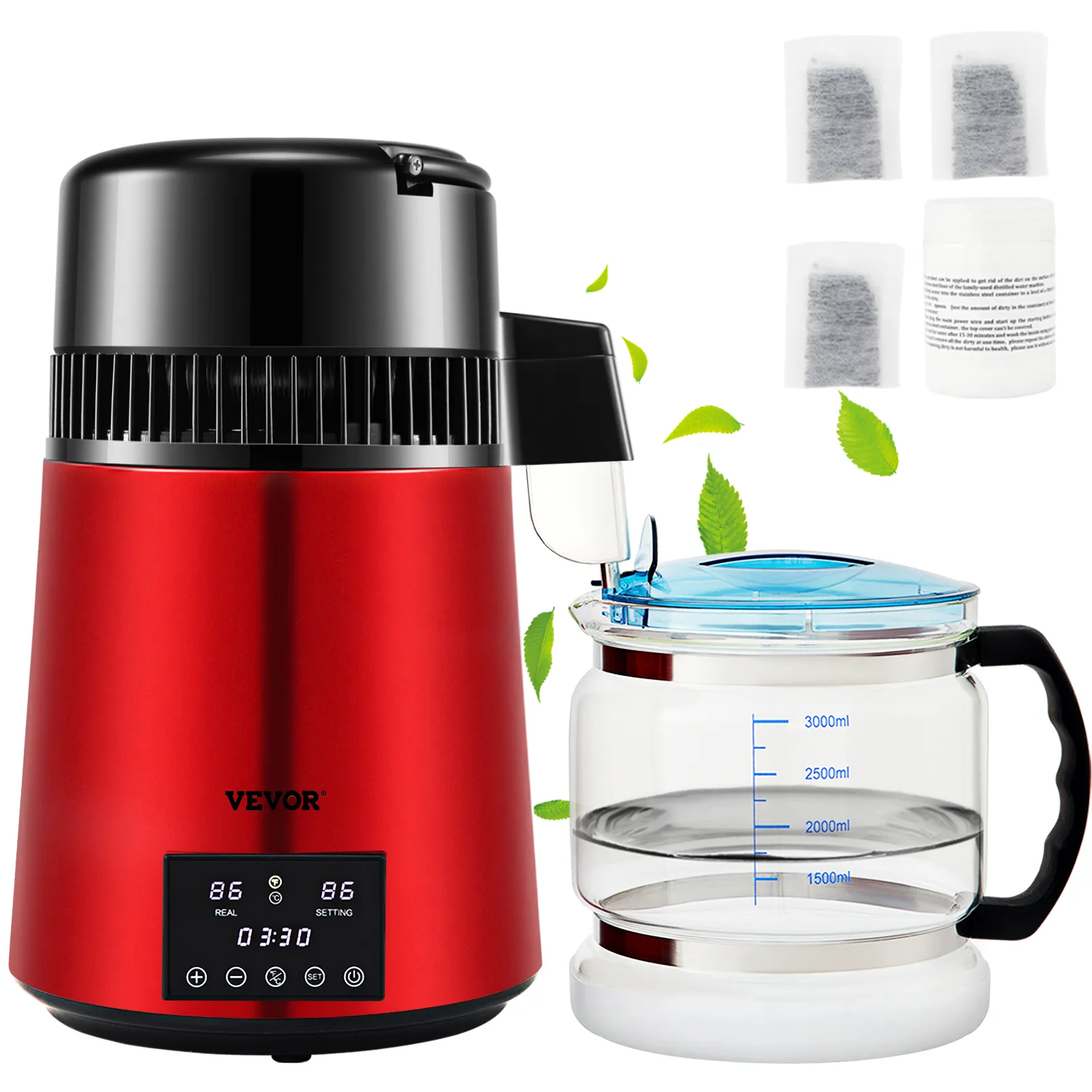 Destilador de agua VEVOR con cuerpo rojo, pantalla digital, recipiente de vidrio transparente y filtros de repuesto.