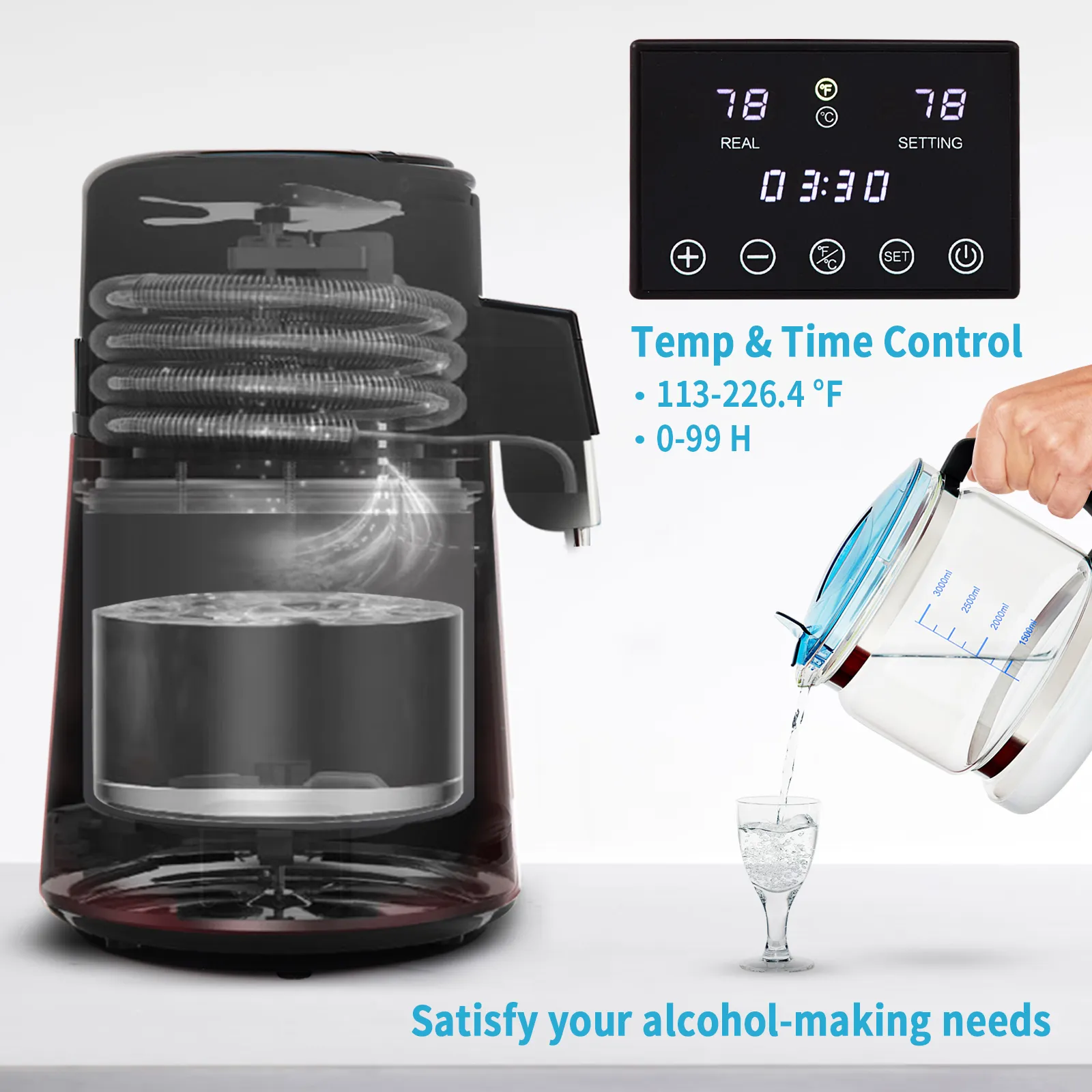 Destilador de agua VEVOR con control de temperatura y tiempo, virtiendo agua destilada en un vaso.