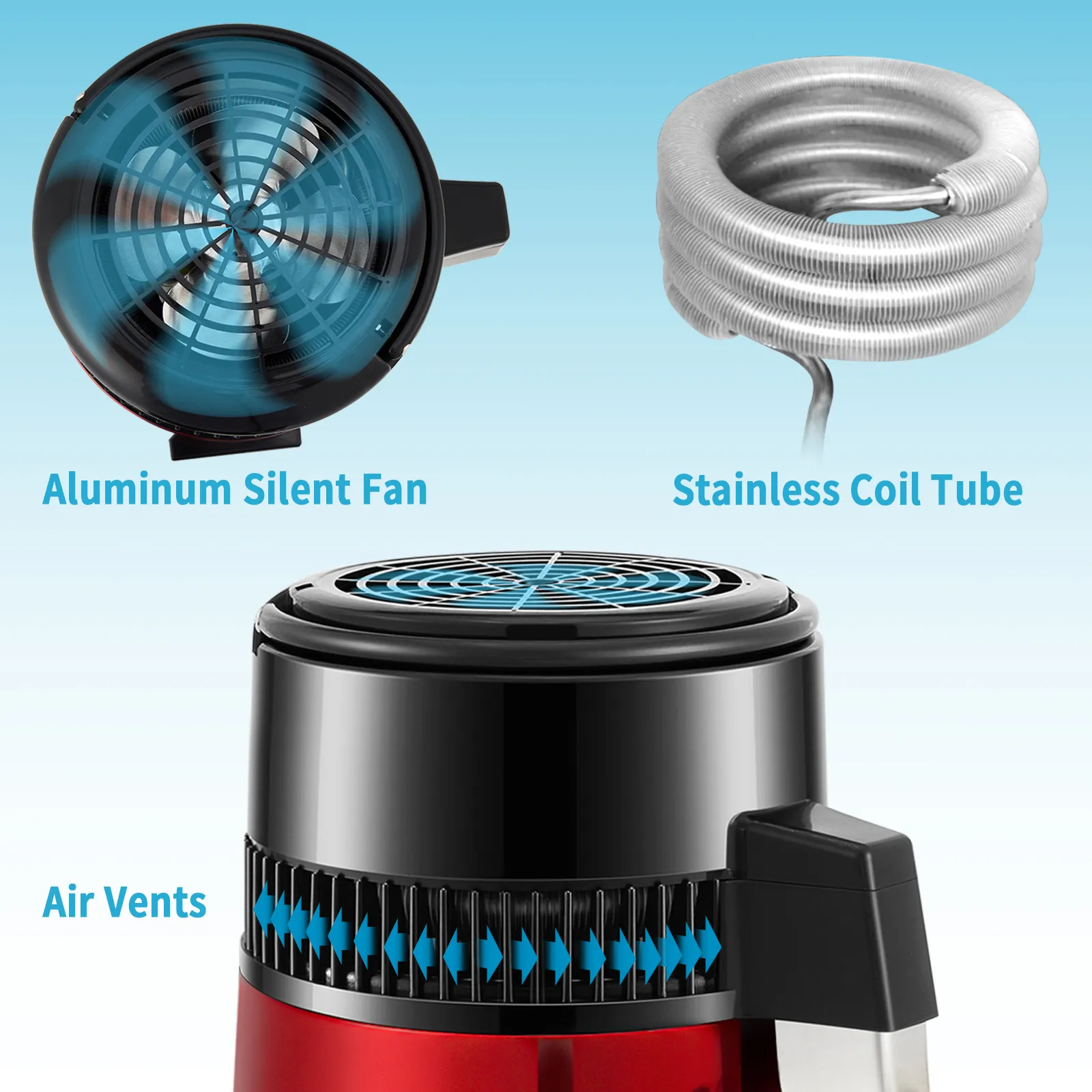 Destilador de agua VEVOR con ventilador silencioso de aluminio y tubo de serpentín de acero inoxidable para un enfriamiento eficiente.