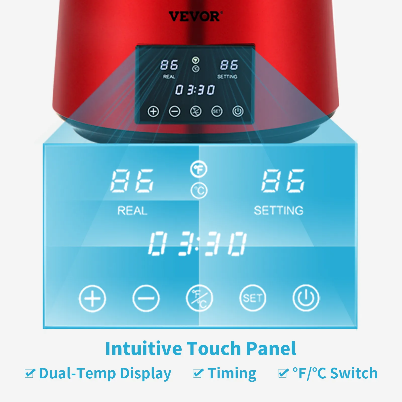 Destilador de agua VEVOR que muestra un panel táctil intuitivo con pantalla de temperatura dual, sincronización e interruptor °f/°c.
