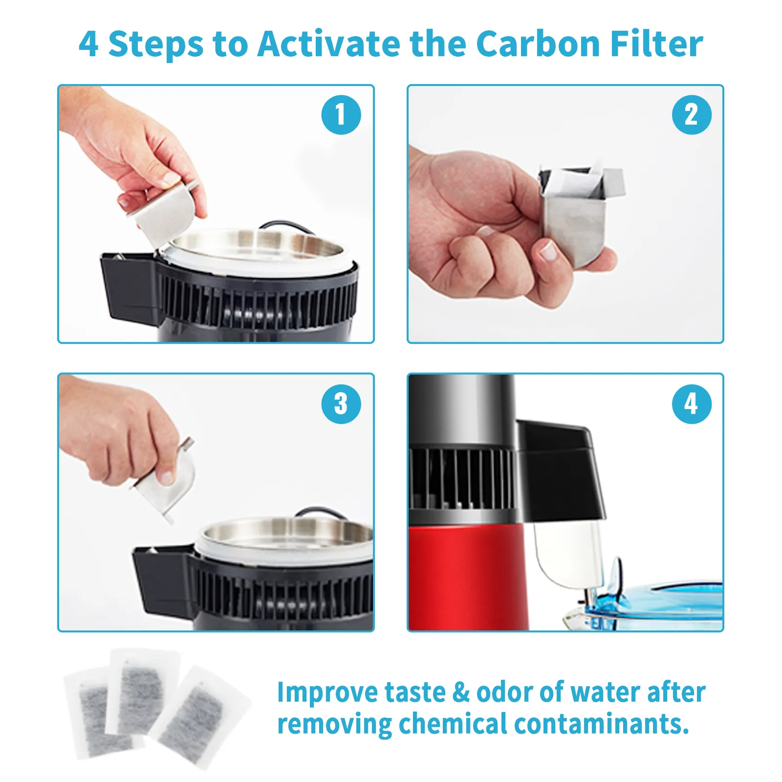 Pasos del destilador de agua VEVOR para activar el filtro de carbón para mejorar el sabor y el olor del agua.