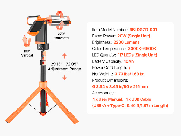 VEVOR LED Work Light with Stand, 10Ah, Rechargeable Cordless