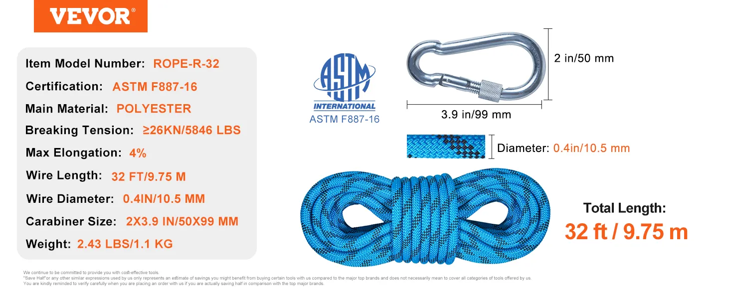 Cuerda de escalada VEVOR, 32 pies de longitud, poliéster, certificación ASTM, con mosquetón, 0,4 pulgadas de diámetro.