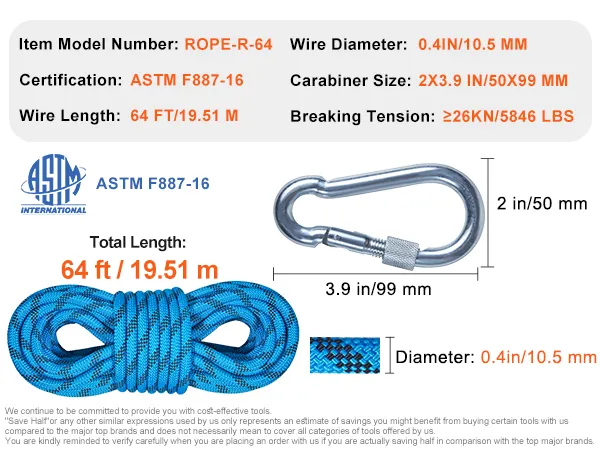 Cuerda de escalada VEVOR, poliéster, ASTM F887-16, 64 pies, 0,4 pulgadas de diámetro, tensión de rotura ≥26 kN, azul.