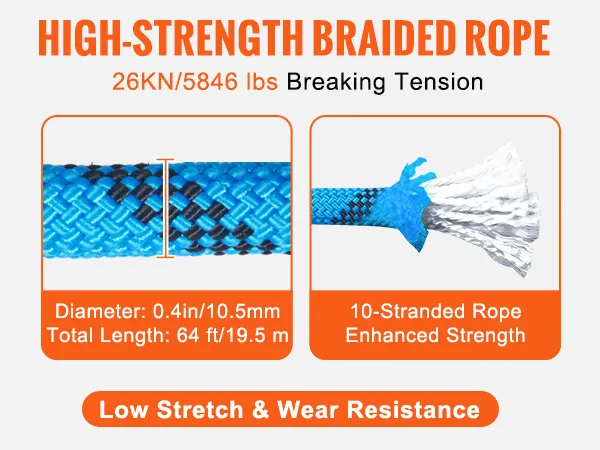 Cuerda de escalada VEVOR azul de alta resistencia con tensión de rotura de 26 nudos y 0,4 pulgadas de diámetro para un estiramiento bajo.