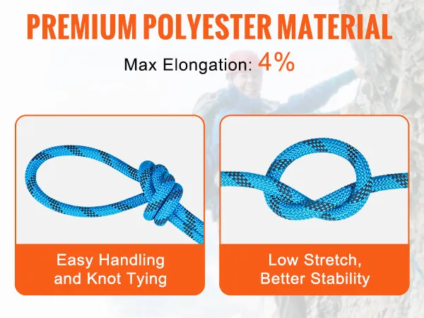 Escalador que utiliza cuerda de escalada VEVOR de fácil manejo, baja elasticidad y material de poliéster de primera calidad.