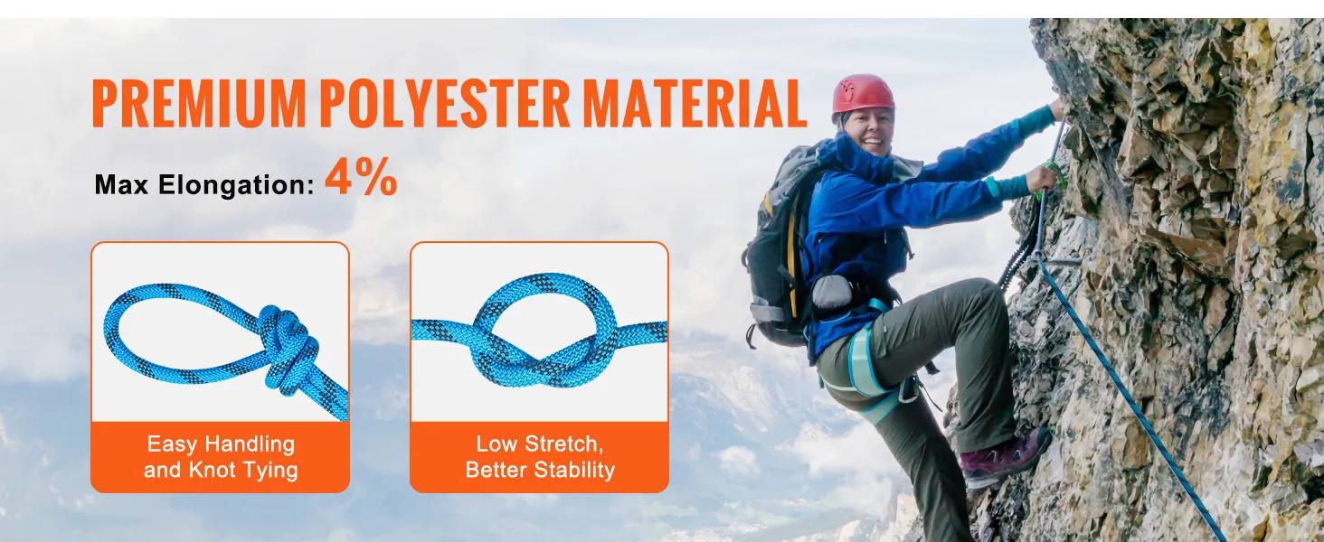 Escalador que utiliza cuerda de escalada VEVOR de fácil manejo, baja elasticidad y material de poliéster de primera calidad.