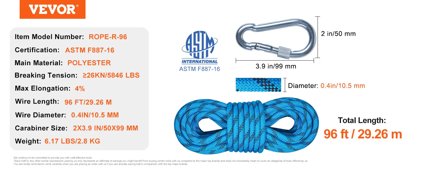 Cuerda de escalada estática VEVOR, modelo rope-r-96, 96 pies de longitud, certificada astm f887-16, 0,4 pulgadas de diámetro.